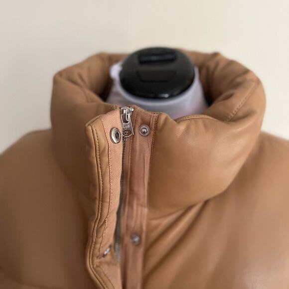 Abercrombie | The A&F Mini Puffer Jacket Tan Faux Leather Winter Coat | Size XL - Picture 6 of 7